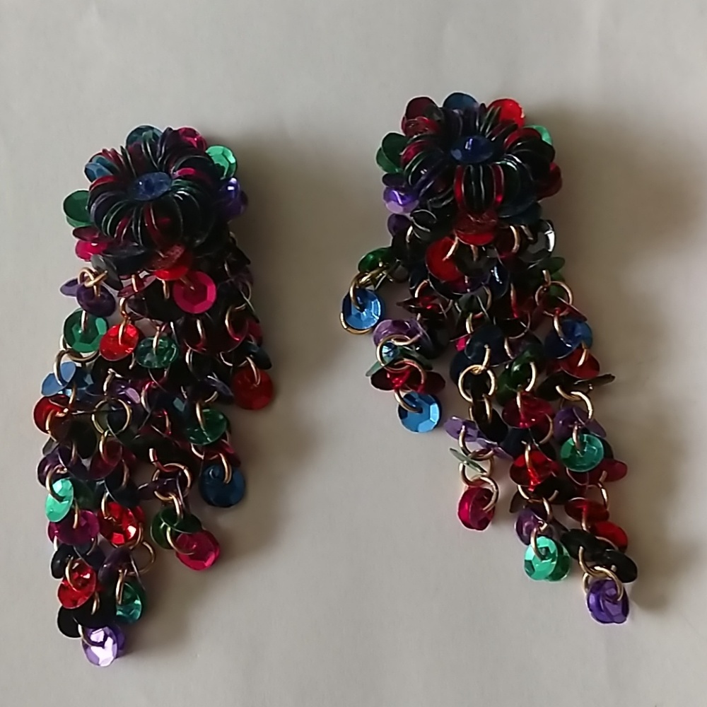Vintage multi colored sequin clip on earrings